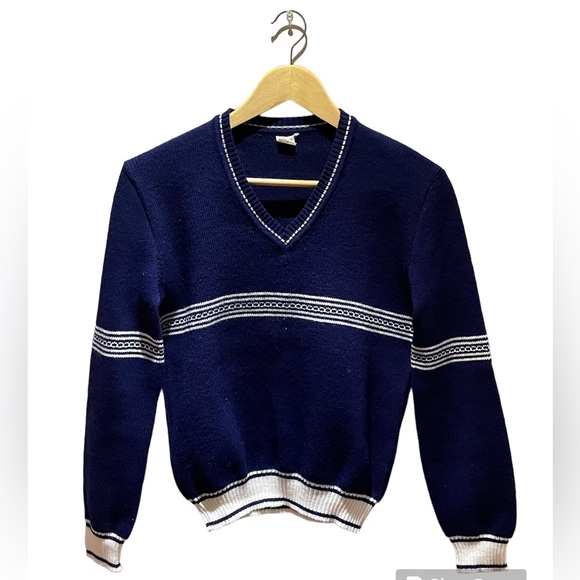 Navy blue/white striped V-neck sweater - Picture 1 of 5